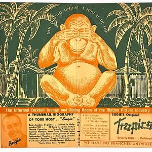 Sugie’s Tropics Beverly Hills 1946 Die Cut Menu Tiki Cocktail Hollywood Vintage